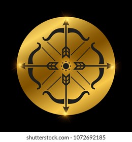 Medieval bow and arrows logo design isolated on black. Vector illustration
