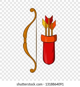 Medieval bow with arrows and quiver icon in cartoon style on a background for any web design 