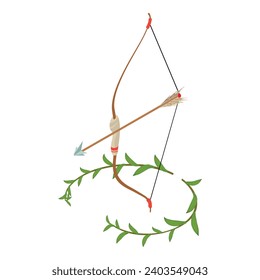 Medieval bow icon isometric vector. Wooden bow with arrow and green branch icon. Archery, hunting