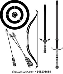 medieval bow and swords. stencil. vector illustration