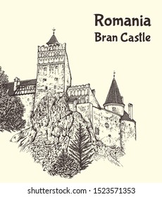 Medieval Bran Castle in Transylvania, Romania, known as "Dracula's Castle".  Hand drawn vector illustration