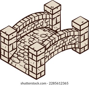 Icono de mapa de construcción de puentes medievales ilustración isométrica en un estilo de grabado de madera grabado retro vintage