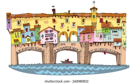 Medieval bridge with buildings on it - cartoon