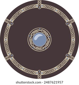 Medieval brown viking shield decorated with a pattern.