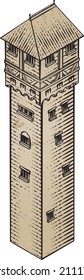A medieval building map icon isometric illustration in a vintage retro engraved woodcut etching style