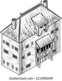 A medieval building map icon isometric illustration in a vintage retro engraved woodcut etching style