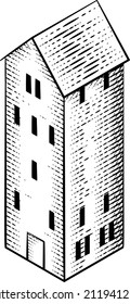 A medieval building map icon isometric illustration in a vintage retro engraved woodcut etching style