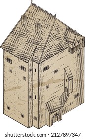 A medieval building map icon isometric illustration in a vintage retro engraved woodcut etching style