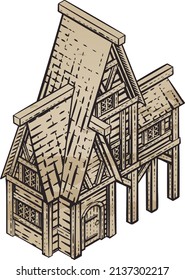 A medieval building map icon isometric illustration in a vintage retro engraved woodcut etching style