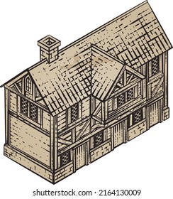 A medieval building map icon isometric illustration in a vintage retro engraved woodcut etching style