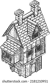 A medieval building map icon isometric illustration in a vintage retro engraved woodcut etching style