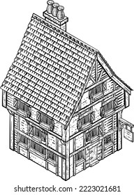 A medieval building map icon isometric illustration in a vintage retro engraved woodcut etching style