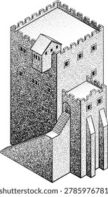 A medieval building map icon isometric illustration in a vintage retro engraved woodcut dots etching style