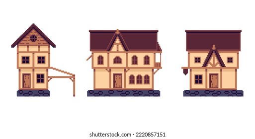 Medieval building pixel art set. Ancient European house collection. Historical urban element. 8 bit sprite. Game development, mobile app.  Isolated vector illustration.