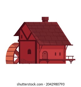 Edificio medieval con molino de agua caricatura icono ilustración vectorial