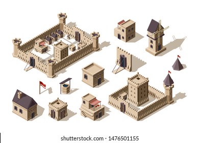 Medieval buildings. Ancient architectural objects village and castles vector isometric for games. Illustration medieval town and city building, wall and fortress