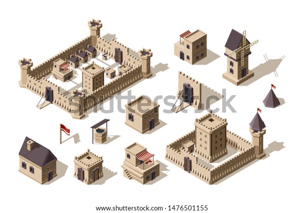 中世の建物 古代の建築物集落と城のベクター画像等角図法 イラスト中世の町と町の建物 壁と要塞 のベクター画像素材 ロイヤリティフリー