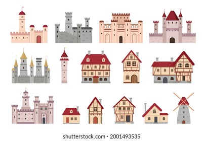 Medieval buildings. Ancient european town and village house, cottage and windmill. Cartoon tower, castle and palace. Architecture vector set of village medieval, european facade house