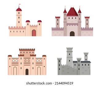 Medieval buildings. Isolated cartoon knight fortress and castles. Historic architecture, towers and and gates for military protection. Old palace, ancient stronghold isolated vector set