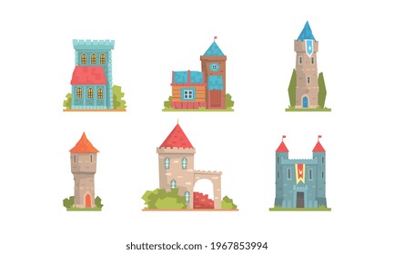 Medieval Buildings Set, Ancient Stone Mansions and Castle Towers Cartoon Vector Illustration