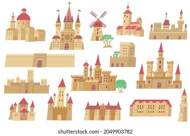 Medieval buildings set of flat isolated icons with city walls castles gates and temples with towers vector illustration