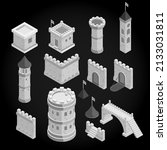 Medieval buildings. A set of isometric medieval town and city building, brick wall and fortress. Old fort vector set tower castles