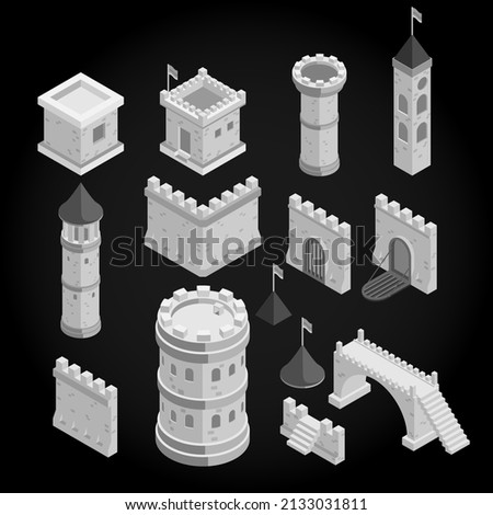 Medieval buildings. A set of isometric medieval town and city building, brick wall and fortress. Old fort vector set tower castles