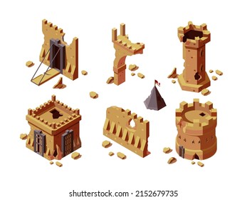 Medieval buildings  War damaged historical constructions game 3d isometric garish vector templates
