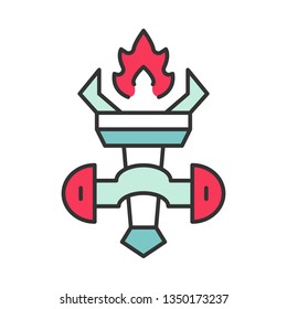  Medieval burning torch color icon. Ancient wall light, lamp. Fire cresset in holder on wall. Isolated vector illustration