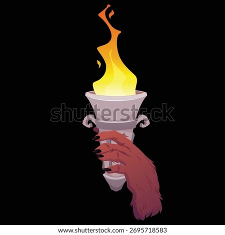 Medieval burning torch flame in paw of an animal. Cartoon vector brown bear paw holds ancient fire stone stick flambeau. Greek marble burn cup. Old history lantern for game on black background