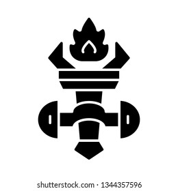 Medieval burning torch glyph icon. Ancient wall light, lamp. Fire cresset in holder on wall. Silhouette symbol. Negative space. Vector isolated illustration