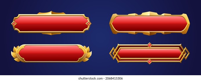 Medieval buttons, ui game menu elements, red oblong banners and gold ornate rims. Empty royal gui bars for rpg or arcade, golden borders, web design interface Cartoon 3d vector illustration, set