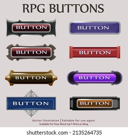 Medieval buttons, ui game menu elements, red oblong banners and gold ornate rims. Empty royal gui bars for rpg or arcade, golden borders, web design interface Cartoon 3d vector illustration, set