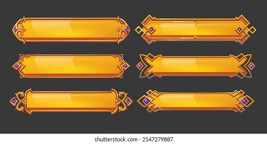 Medieval buttons, ui game menu elements, gold oblong banners with decorated ornate rims. Empty royal gui bars for rpg or arcade, golden borders, web design interface Cartoon 2d vector illustration set