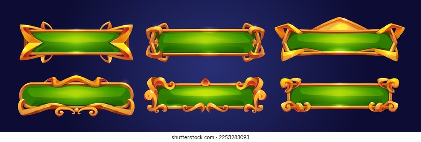 Medieval buttons, ui game menu elements, green oblong banners and gold ornate rims. Empty royal gui bars for rpg or arcade, golden borders, web design interface Cartoon 3d vector illustration, set