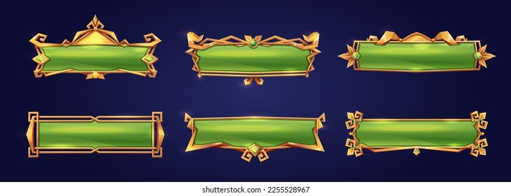 Medieval buttons, ui game menu elements, green oblong banners and gold ornate rims. Empty royal gui bars for rpg or arcade, golden borders, web design interface Cartoon 3d vector illustration, set