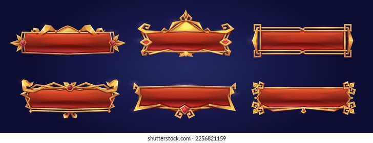 Medieval buttons, ui game menu elements, red oblong banners and gold ornate rims. Empty royal gui bars for rpg or arcade, golden borders, web design interface Cartoon 3d vector illustration, set