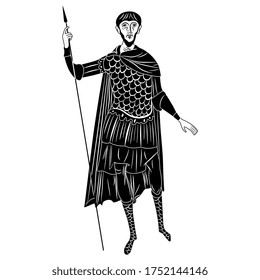 Medieval Byzantine saint warrior. St. Theodore Tyron from Mount Athos monastery. Black and white silhouette.