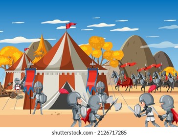Medieval camp scene with knights in cartoon style illustration
