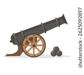 Medieval cannon with cannonball isolated on white background. Vector stock