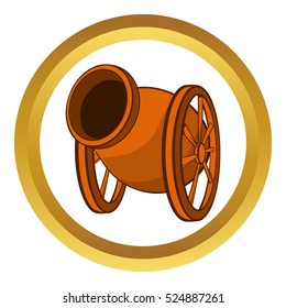 Medieval cannon vector icon in golden circle, cartoon style isolated on white background