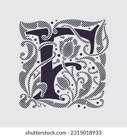 Medieval capital letter F logo in floral ornament and diagonal hatching. Vintage antique gothic style drop cap. Luxury vector initial. Victorian engraved icon for royal monogram, classic invitation.