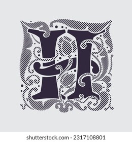 Medieval capital letter H logo in floral ornament and diagonal hatching. Vintage antique gothic style drop cap. Luxury vector initial. Victorian engraved icon for royal monogram, classic invitation.