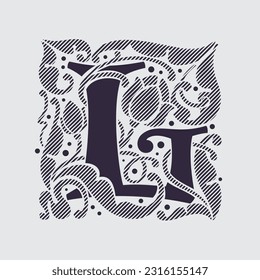 Medieval capital letter L logo in floral ornament and diagonal hatching. Vintage antique gothic style drop cap. Luxury vector initial. Victorian engraved icon for royal monogram, classic invitation.