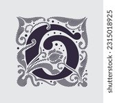 Medieval capital letter O logo in floral ornament and diagonal hatching. Vintage antique gothic style drop cap. Luxury vector initial. Victorian engraved icon for royal monogram, classic invitation.
