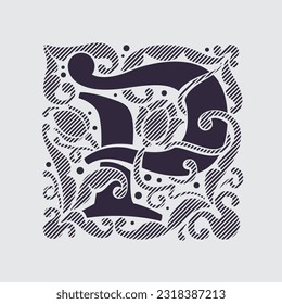 Medieval capital letter P logo in floral ornament and diagonal hatching. Vintage antique gothic style drop cap. Luxury vector initial. Victorian engraved icon for royal monogram, classic invitation.