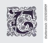 Medieval capital letter T logo in floral ornament and diagonal hatching. Vintage antique gothic style drop cap. Luxury vector initial. Victorian engraved icon for royal monogram, classic invitation.