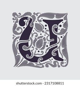 Medieval capital letter U logo in floral ornament and diagonal hatching. Vintage antique gothic style drop cap. Luxury vector initial. Victorian engraved icon for royal monogram, classic invitation.