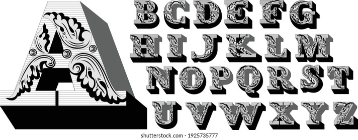 medieval capital letters with 3D effect isolated on white background.