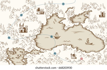 Medieval cartography, old pirate treasure map, vector illustration